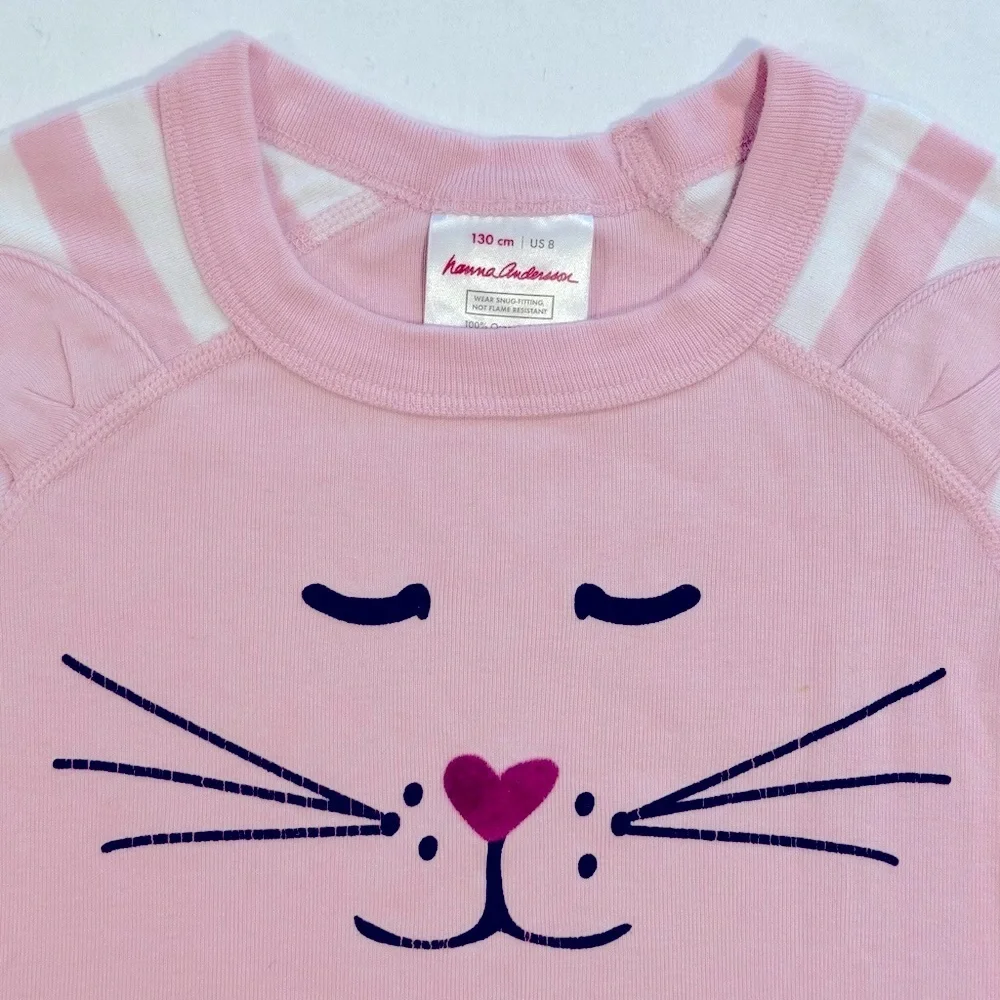 Hanna Andersson Pink Cat Pajamas Girls 8 130 cm Long Johns Organic Cotton Stripe